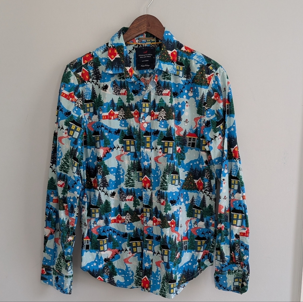 Men's Denim & Flower Medium Santa Button Down Long Sleeve Snow Sleigh